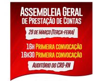 O CRO-RN realiza no dia 29 de março Assembleia Geral de Prestação de Contas do Exercício de 2021